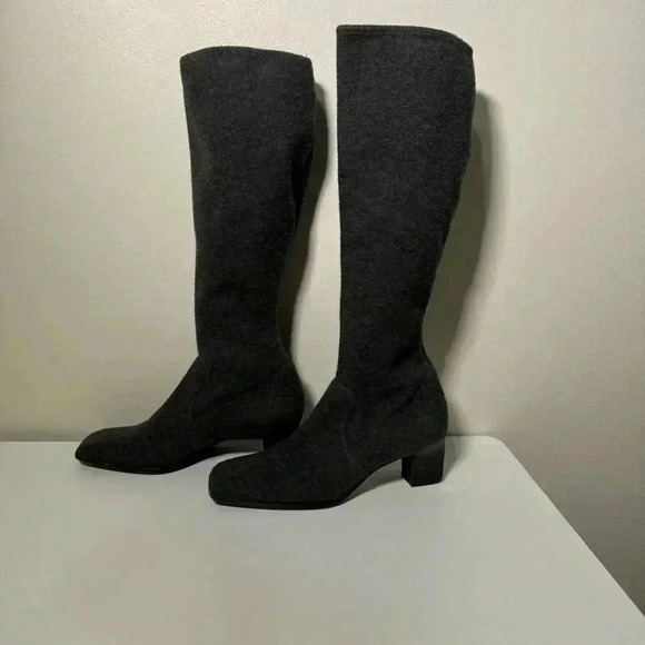 Vintage 80s Yves Saint Laurent gray wool felt square toe knee high boots 6 - Picture 5 of 11